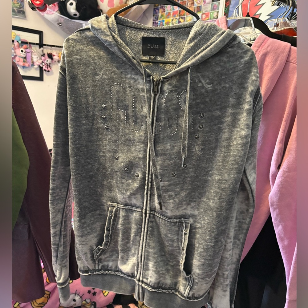 Guess Gray Zip-Up Hoodie washed pattern and studs